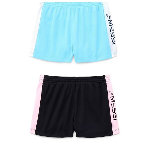 Messi Girls Athletic Logo Tape 2 Shorts elasticized waist blue black S 6-6X NEW - Picture 1 of 5